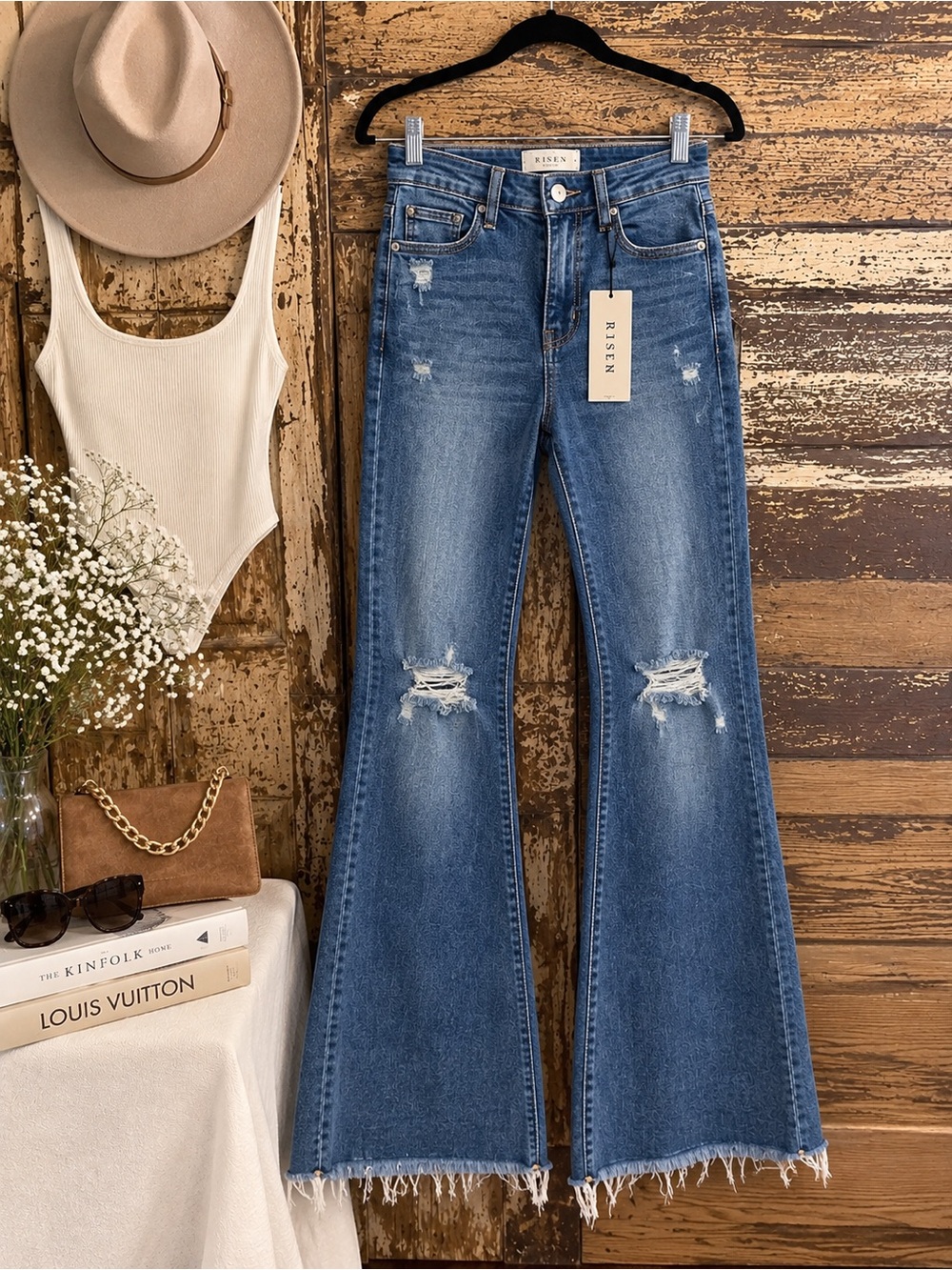 NWT Risen High Rise Distressed Flare Jeans | Raw Hem Stretch Denim | Size 27